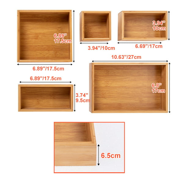 Bin Set Office Bathroom Bamboo Drawer Organizer Storage Box 5-Pc for Kitchen